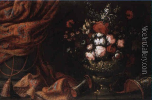 Natures Mortes Aux Vases De Fleurs, Armures Et Draperies Oil Painting - Antonio Gianlisi