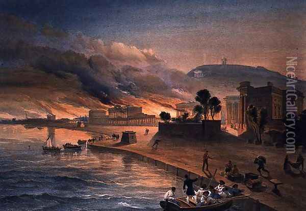 Burning of the Government Buildings at Kertch, plate from The Seat of War in the East, pub. by Paul and Dominic Colnaghi and Co., 1856 Oil Painting - William Simpson