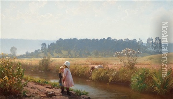 Barn Lekande Vid An (children Playing By The Stream) Oil Painting - August Malmstroem