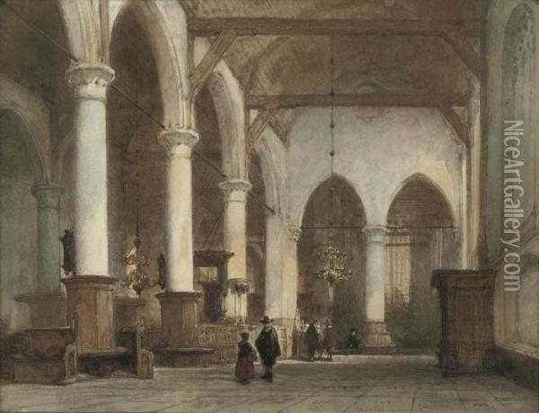 Elegant Figures In The Grote Kerk, Edam Oil Painting - Johannes Bosboom