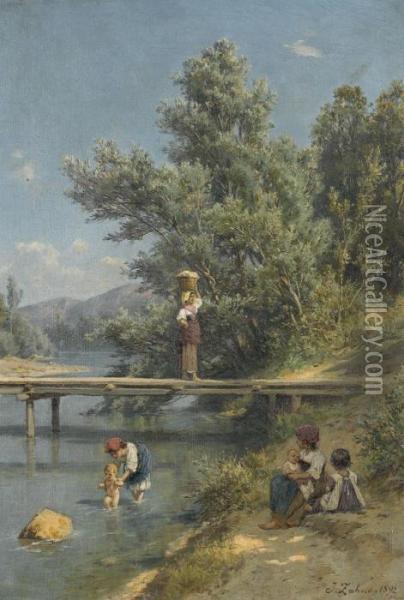 Romische Bauernmadchen Mit Kleinkindern Am Flussufer Oil Painting - Johann Zahnd