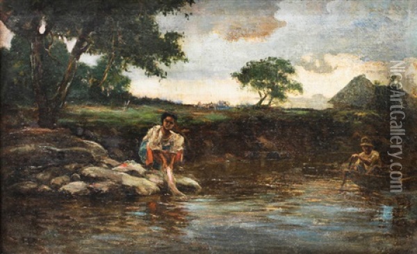 Washing By The River Oil Painting - Fabian De La Rosa