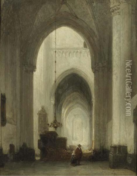 A Church Interior With Figures Oil Painting - Johannes Bosboom