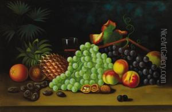 Still Life Pineapple, Grapes, Peaches And Walnuts Oil Painting - George Henry Hall