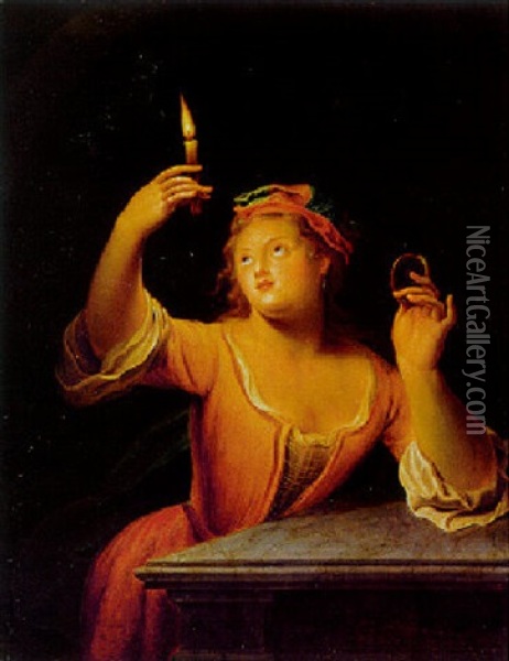 Junge Dame Mit Einem Brennenden Kerze Und Einem Medaillon, Allegorie Des Gesichts Oil Painting - Gerard Wigmana