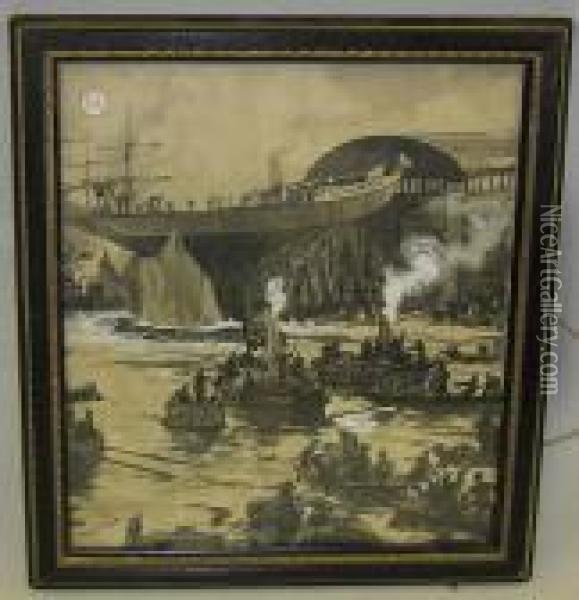 The Launching Of Sir Thomas Lipton's Shamrock Iv, 1913. Oil Painting - Charles Dixon