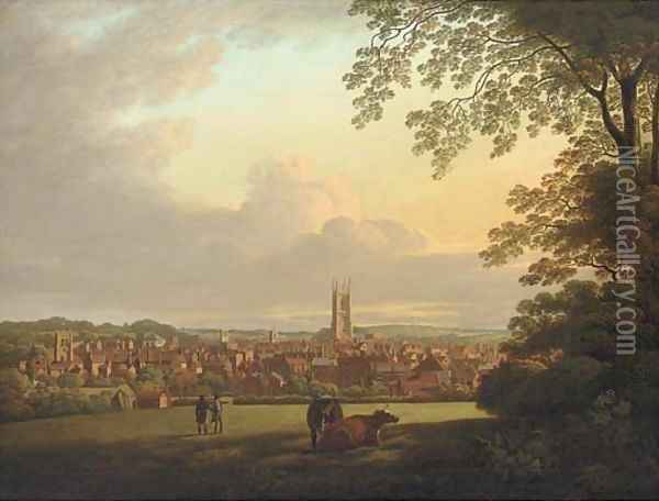 A extensive view of Derby, with figures and cattle in the foreground Oil Painting - Henry Lark Pratt