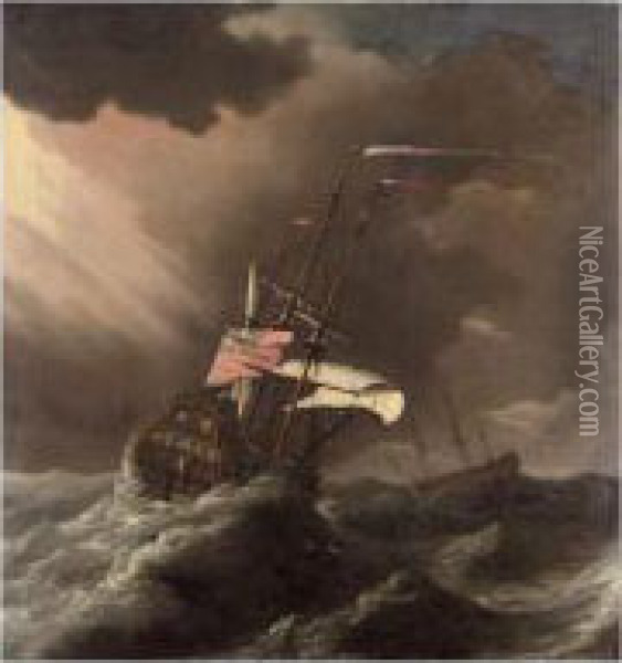 A British Man-o'-war In Heavy Seas Oil Painting - Joris van der Haagen or Hagen