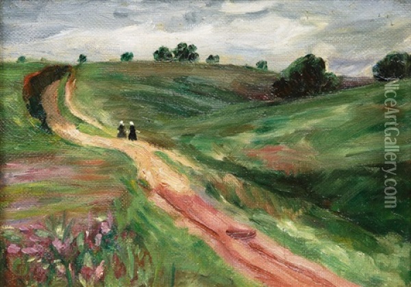 Two Girls In A Landscape In Schleswig-holstein Oil Painting - Otto Heinrich Engel