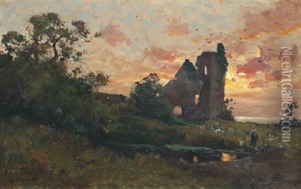 Reflections By The Ruins At Dusk Oil Painting - Maurice Moisset