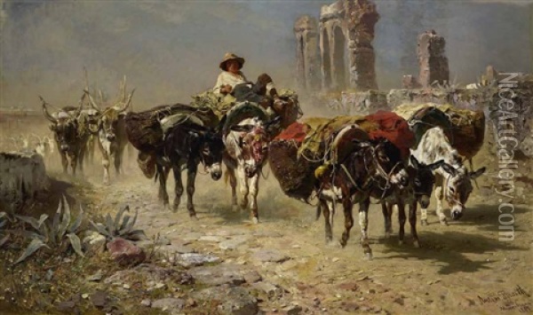 Hirte Mit Bepackten Eseln Und Maultieren Auf Der Via Appia Oil Painting - Anton Braith