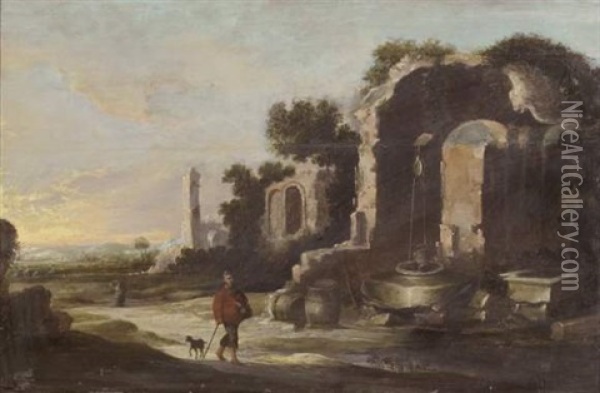 Paysage De Campagne Avec Des Ruines Antiques Pres D'un Puits Oil Painting - Jan (Hermafrodito) Linsen