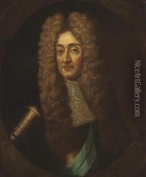 Portrait Of A Gentleman, Bust-length, In Armour, With A Blue Sash,in A Feigned Oval Oil Painting - Johann Closterman