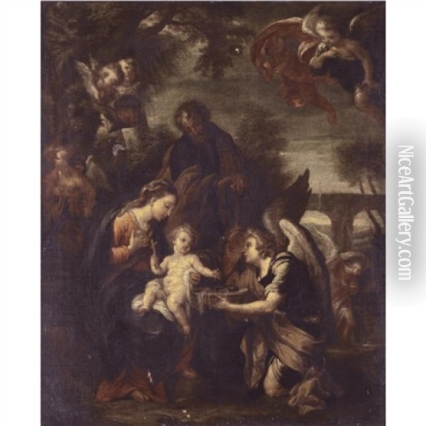 The Rest On The Flight, With Angels Oil Painting - Giuseppe Bartolomeo Chiari