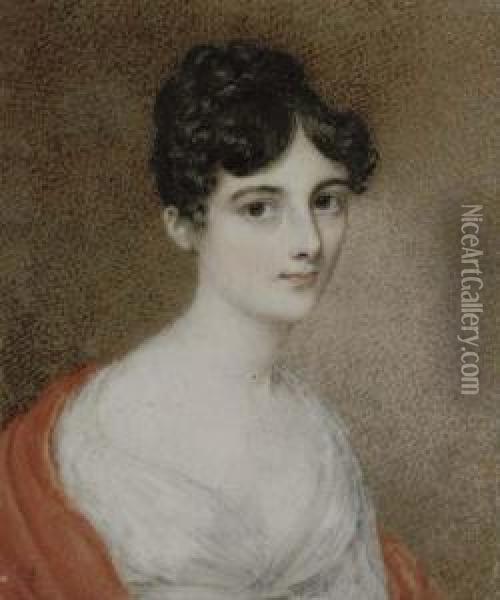 A Young Lady In White Dress With Scarlet Stole Over Her Shoulders,her Dark Hair Upswept Oil Painting - Adam Buck