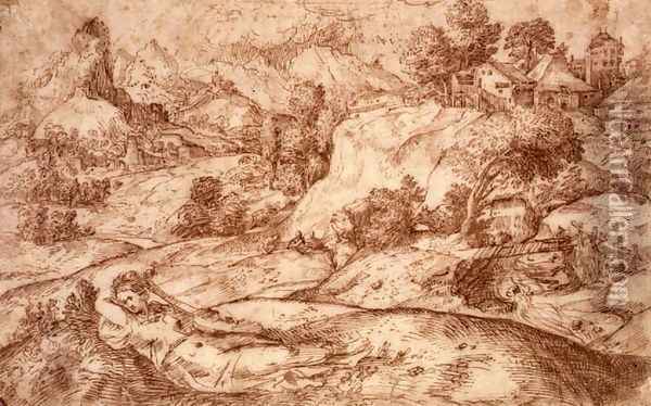 Mountainous Landscape with a Reclining Female Figure Oil Painting - Gian Battista Angolo del Moro
