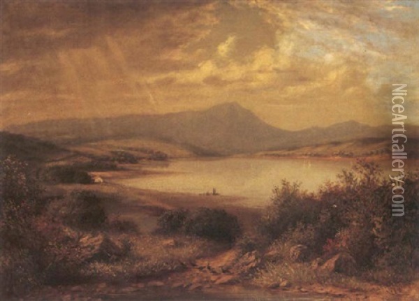 A Landscape With Sailboats On A Lake And A Mountain Beyond Oil Painting - Hiram Reynolds Bloomer