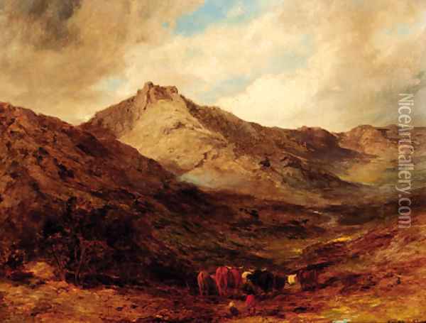 Highland cattle in a mountainous landscape Oil Painting - Edward Hargitt