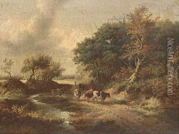 Cattle on a wooded track Oil Painting - Norwegian School