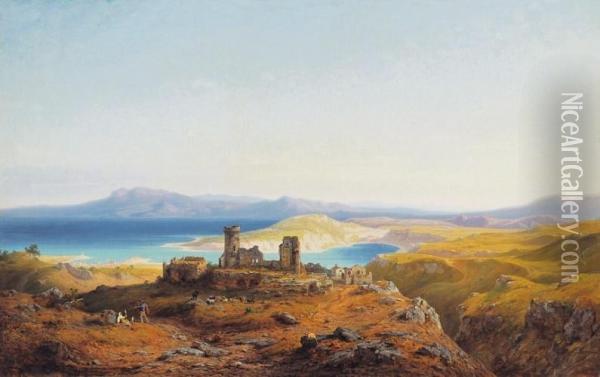 Italian Seaside With Ruins Oil Painting - Antal Ligeti