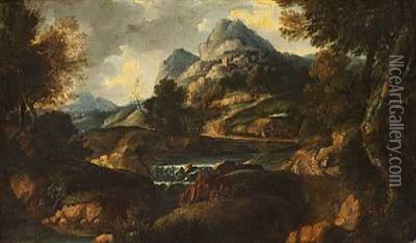Bjerglandskab Med En Brusende Flod Oil Painting - Nicolas Poussin