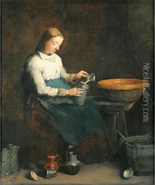 Femme Versant Du Lait Oil Painting - Theodule Augustine Ribot