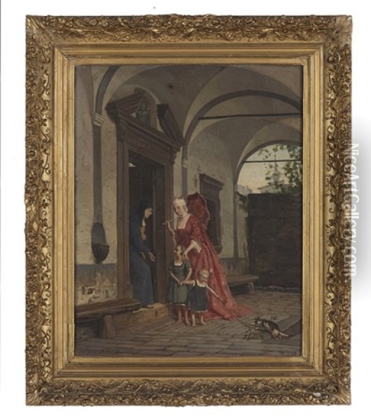 Lady And Two Orphans Oil Painting - Henri Hebert