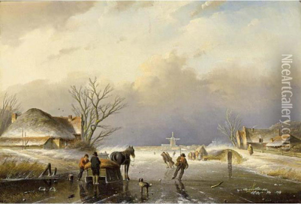 A Horse-sledge On A Frozen Waterway Oil Painting - Jan Jacob Coenraad Spohler