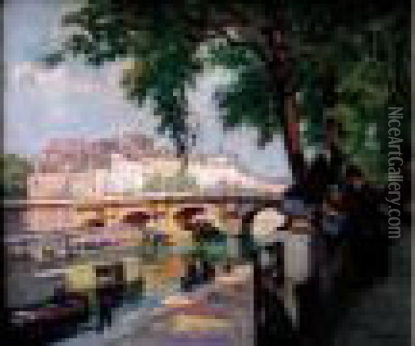 Les Bouquinistes A Paris Aupres Du Pont-neuf Oil Painting - Henri Alphonse Barnoin