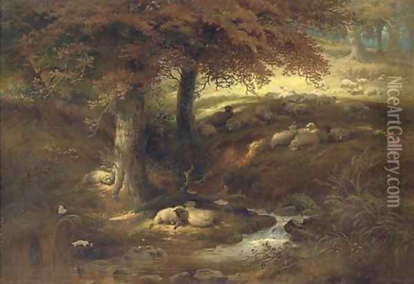 Landscape with sheep by a stream Oil Painting - Thomas George Cooper