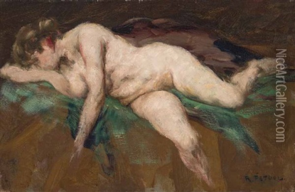 Liegender Frauenakt Auf Grunem Tuch Oil Painting - Rudolf Petuel