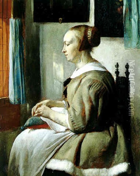A Young Woman With A Sewing Pillow Oil Painting - Gabriel Metsu