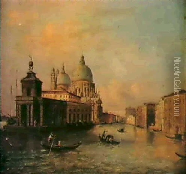Views Of S. Maria Della Salute And The Piazzetta From The   Grand Canal, Venice Oil Painting - Carlo Grubacs