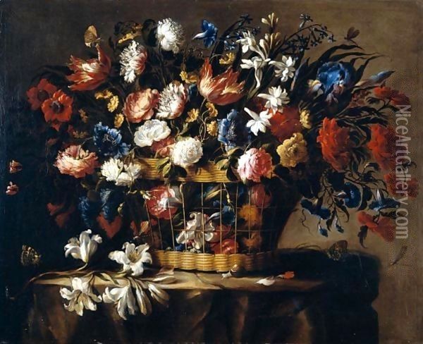 Still Life Of Roses, Irises, Morning Glory, Hyacinths, Chrysanthemums And Carnations In A Wicker Basket, Set Upon A Stone Ledge, Together With A Stem Of Lilies, Butteflies, Dragonflies And A Snail Oil Painting - Juan De Arellano