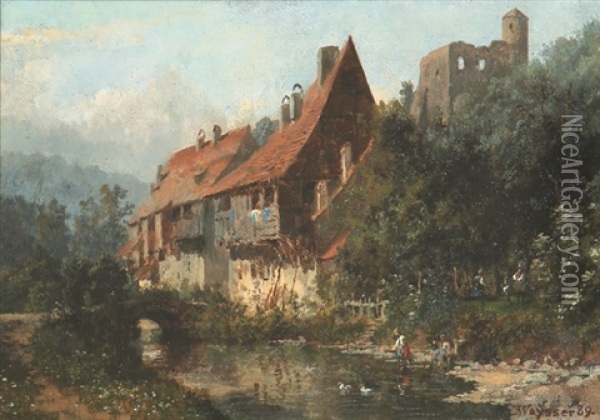 Hauser An Einem Flusschen Unterhalb Einer Burgruine Oil Painting - Karl Weysser