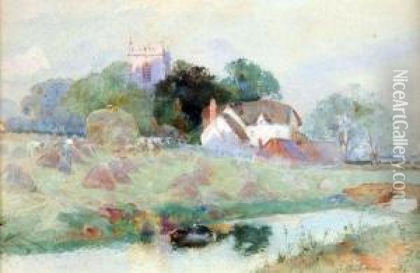 River Landscape With Hayfield Oil Painting - Thomas Mackay