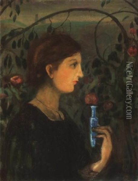 Lany Rozsalugasban (woman In Rose-arbor) Oil Painting - Lajos Gulacsy