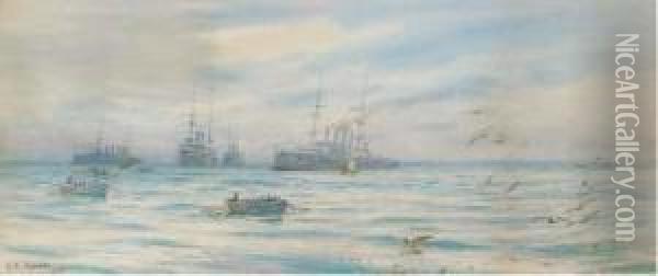 A Cruiser Squadron Offshore With Boat Crews Heading For Thebeach Oil Painting - George Cochrane Kerr