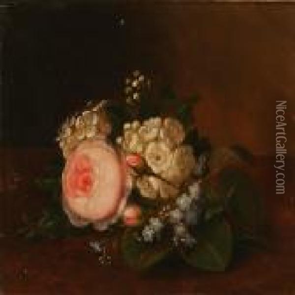 Flower Bouquet On A Stone Sill Oil Painting - I.L. Jensen