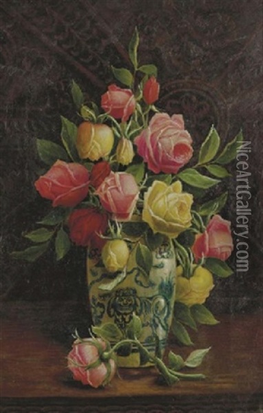Roses In A Porcelain Vase Oil Painting - Henry John Livens