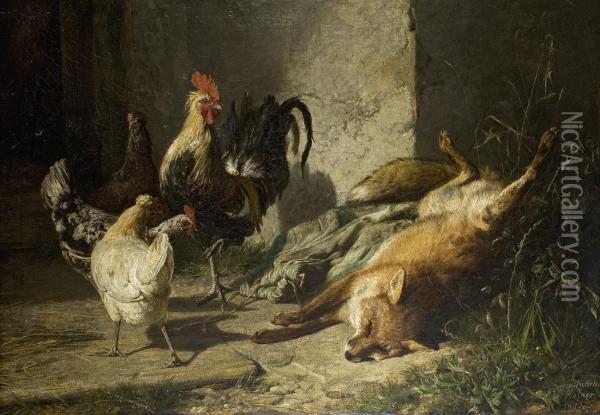 Toter Fuchs Und Huhner Oil Painting - Johann Baptist Hofner