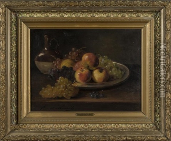 Nature Morte Au Melon Et Raisin , Nature Morte Aux Pommes Et Raison (2 Works) Oil Painting - Alfred Arthur Brunel de Neuville
