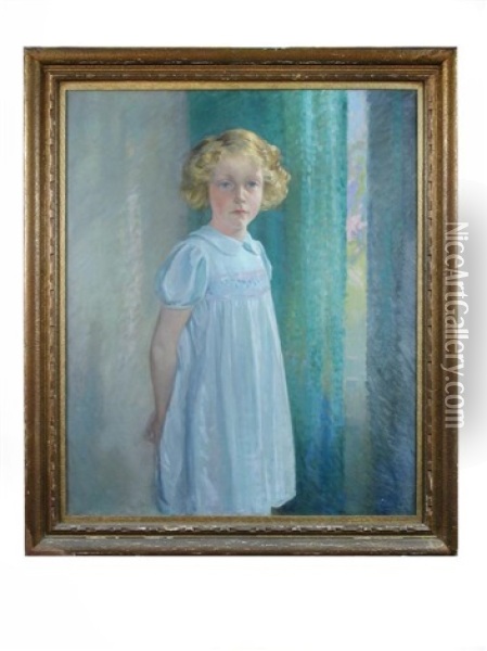 Morag - Portrait Of A Young Girl In A Blue Smocked Dress Oil Painting - John Menzies