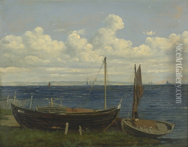 Fischerboote An Land Vor Hven Im Oresund Oil Painting - Anton Edvard Kjeldrup