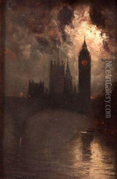 Moonlit Thames View With Big Ben Oil Painting - George Hyde Pownall