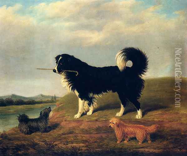 A Spaniel And Two Norfolk Terriers In A Landscape Oil Painting - James Loder