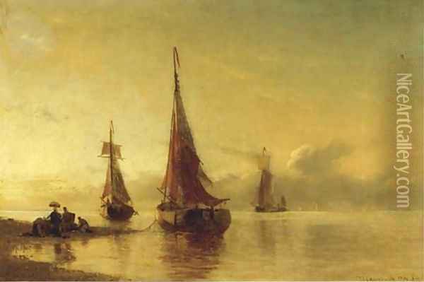 Moored sailing vessels by a coast at dusk Oil Painting - Viggo Fauerholdt