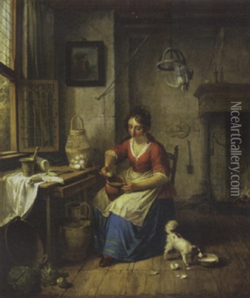 A Kitchen Maid Preparing Eggs By A Window Oil Painting - Willem Joseph Laquy
