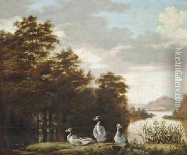 A Wooded River Landscape With Greylag Geese On A Bank Oil Painting - Dirck Wyntrack
