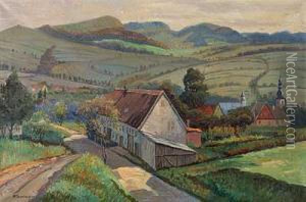 Sommerliche Rhon Mit Gehoft Und Kirche Oil Painting - Pedro Ernst Schmiegelow